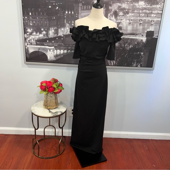 Xscape Black Ruffled Off The Shoulder Maxi Evening Gown NWT - Reemoly - Picture 7 of 16